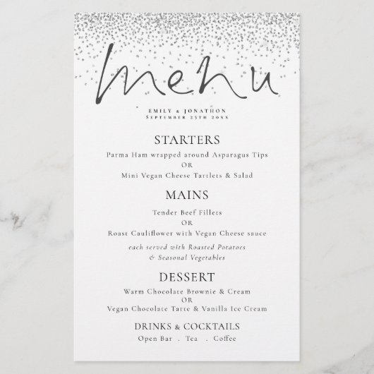 Budget Elegant Script Silver Glitter Wedding Menu (Voorkant)