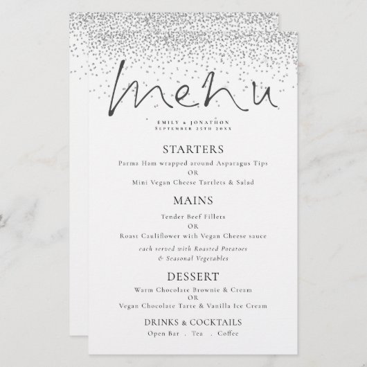 Budget Elegant Script Silver Glitter Wedding Menu (Voorkant / Achterkant)