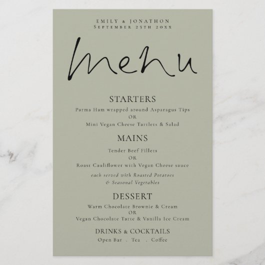 Budget Elegant Script Soft Sage Wedding Menu (Voorkant)