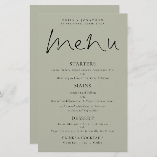 Budget Elegant Script Soft Sage Wedding Menu (Voorkant / Achterkant)