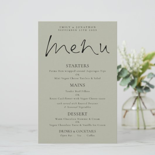 Budget Elegant Script Soft Sage Wedding Menu (Staand voorkant)