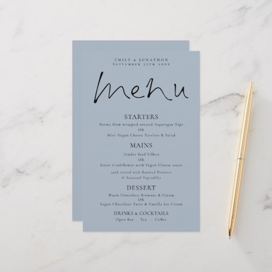 Budget Elegant Script Stof Blauw Huwelijksmenu (Voorkant / Achterkant in situ)