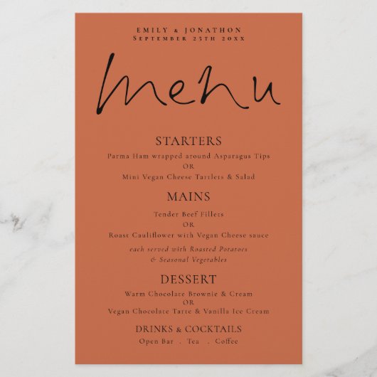 Budget Elegant Script Terracotta Wedding Menu (Voorkant)