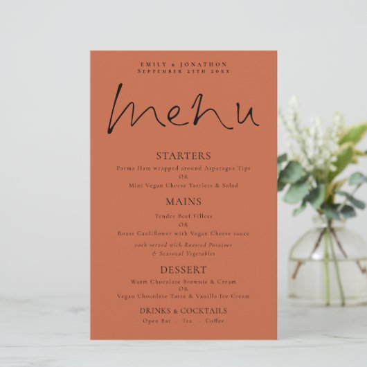 Budget Elegant Script Terracotta Wedding Menu (Staand voorkant)