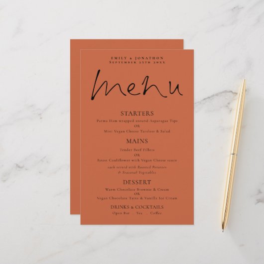 Budget Elegant Script Terracotta Wedding Menu (Voorkant / Achterkant in situ)