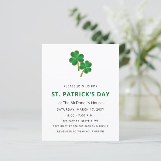 Budget Elegant Shamrock St Patricks Day Uitnodigin (Staand voorkant)