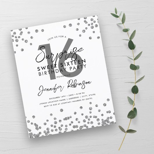 Budget Elegant Silver Confetti Sweet 16 Invite