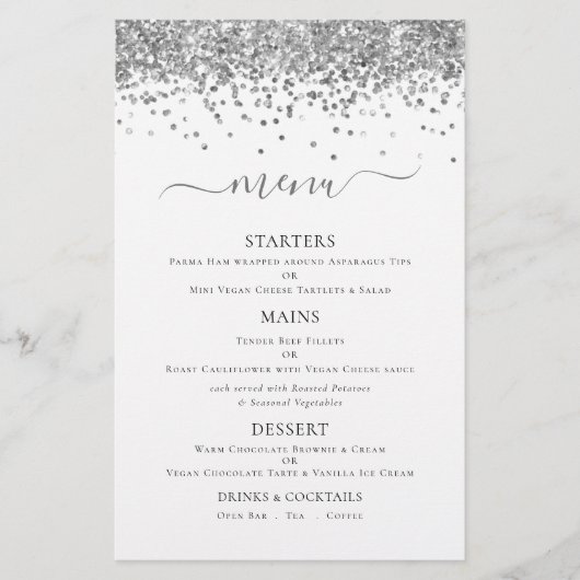 Budget Elegant Silver Glitter Wedding Menu (Voorkant)