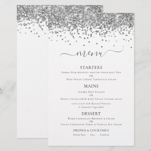 Budget Elegant Silver Glitter Wedding Menu (Voorkant / Achterkant)