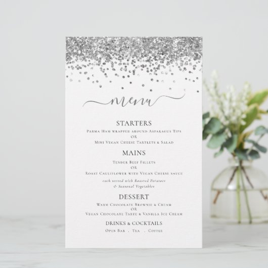 Budget Elegant Silver Glitter Wedding Menu (Staand voorkant)