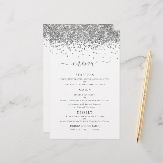 Budget Elegant Silver Glitter Wedding Menu (Voorkant / Achterkant in situ)