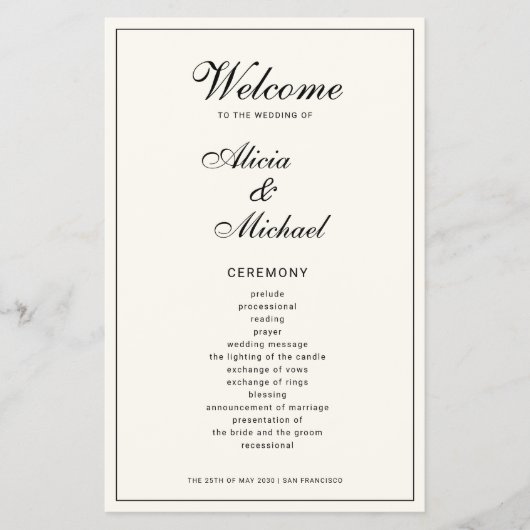 Budget elegant simple black ivory wedding program flyer (Voorkant)