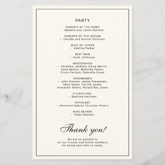 Budget elegant simple black ivory wedding program flyer (Achterkant)