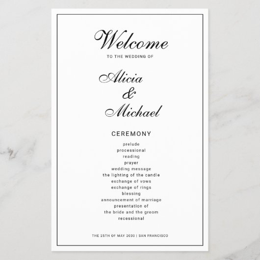 Budget elegant simple black white wedding program flyer (Voorkant)