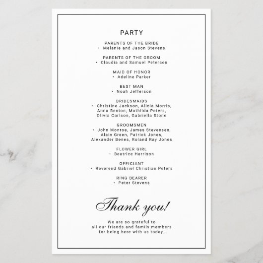 Budget elegant simple black white wedding program flyer (Achterkant)