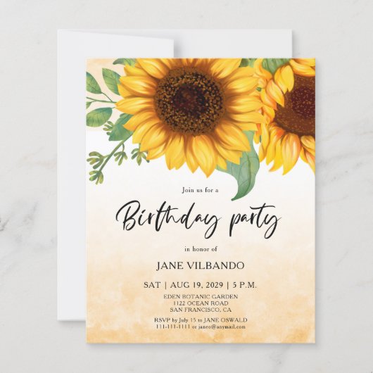 Budget Elegant Sunflower Birthday Party Invitation (Voorkant)
