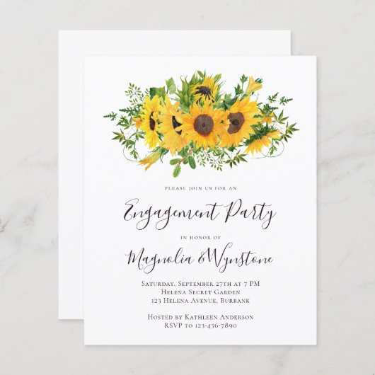 Budget Elegant Sunflower Verloving Invitation (Voorkant / Achterkant)