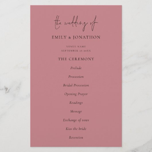 Budget Elegant Text Dusty Roos Wedding Programme (Voorkant)