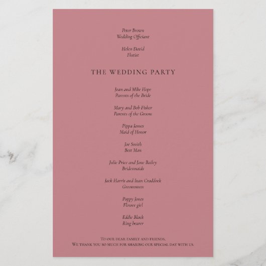 Budget Elegant Text Dusty Roos Wedding Programme (Achterkant)