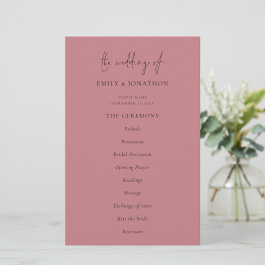 Budget Elegant Text Dusty Roos Wedding Programme (Staand voorkant)