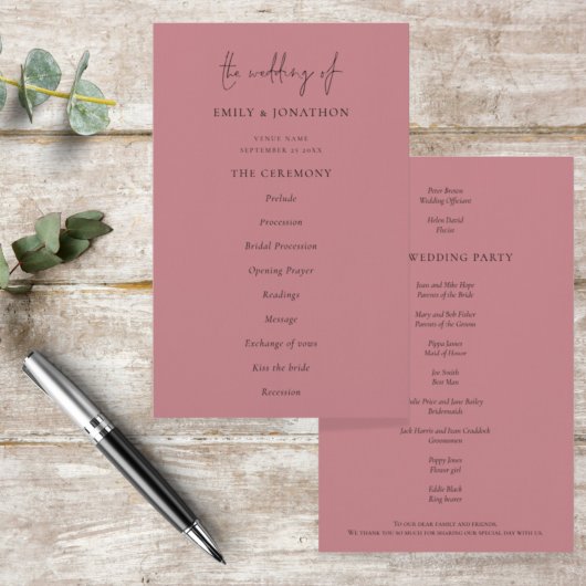 Budget Elegant Text Dusty Roos Wedding Programme