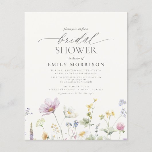 Budget Elegant Wildflower Bridal Shower Invitation Flyer (Voorkant)