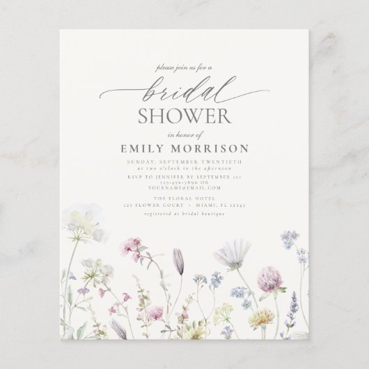 Budget Elegant Wildflower Bridal Shower Invitation Flyer (Voorkant)