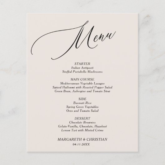 Budget Elegant Zand Minimalistisch Wedding Menu (Voorkant)
