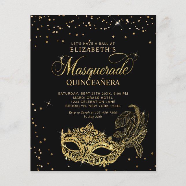 BUDGET Elegant Zwart Goud Masquerade Quinceañera (Voorkant)