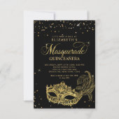 BUDGET Elegant Zwart Goud Masquerade Quinceañera Notitiekaartje (Voorkant)