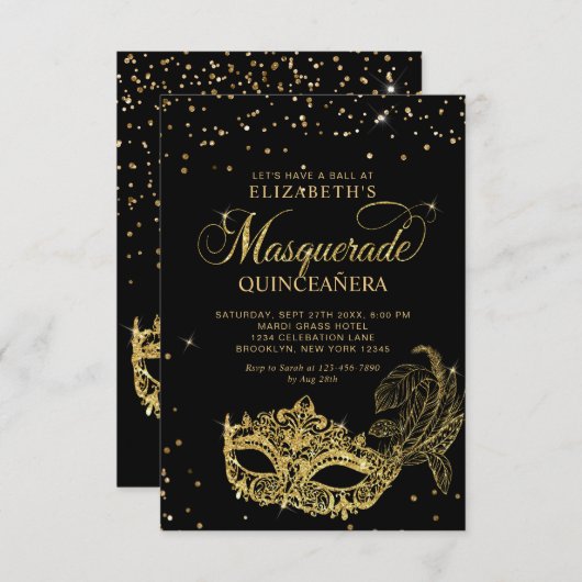 BUDGET Elegant Zwart Goud Masquerade Quinceañera Notitiekaartje (Voorkant / Achterkant)