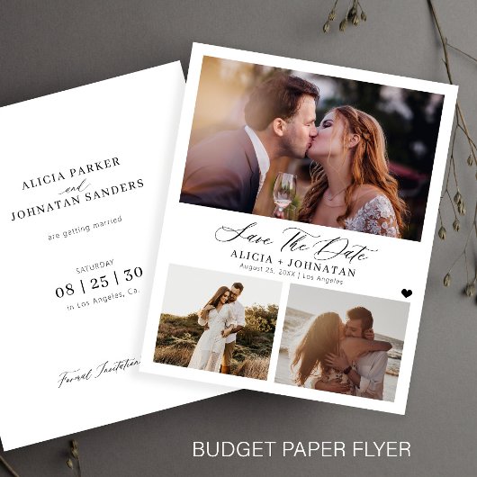 Budget elegante 3 foto bruiloft bewaar de datumkaa flyer