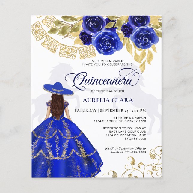 Budget Elegante Bloemen Royal Blue Paard Quinceañe (Voorkant)