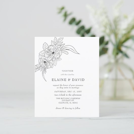 Budget Elegante Bloemen Schets Bruiloft Uitnodigin (Staand voorkant)