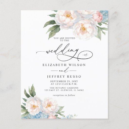 Budget Elegante Blush Bloemen Bruiloft uitnodiging (Voorkant)