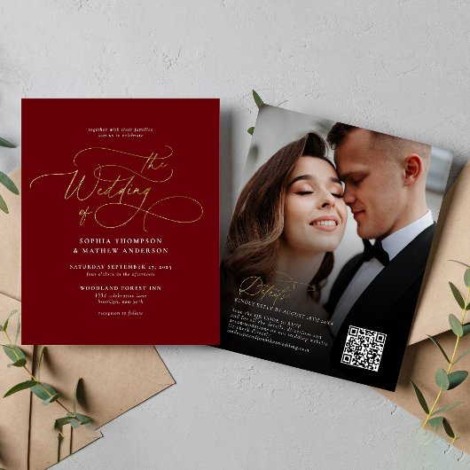 BUDGET Elegante Burgundy Gouden QR Code Rsvp Bruil
