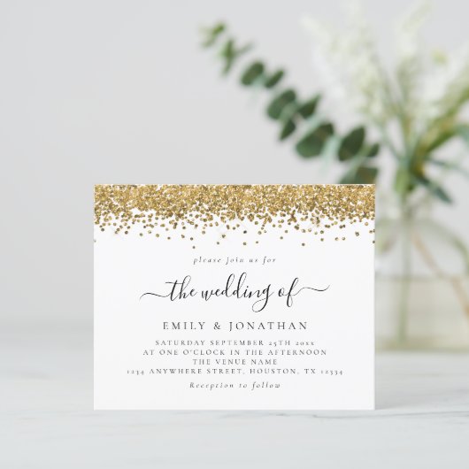 Budget Elegante Faux Gold Glitter Bruiloft Uitnodi (Staand voorkant)