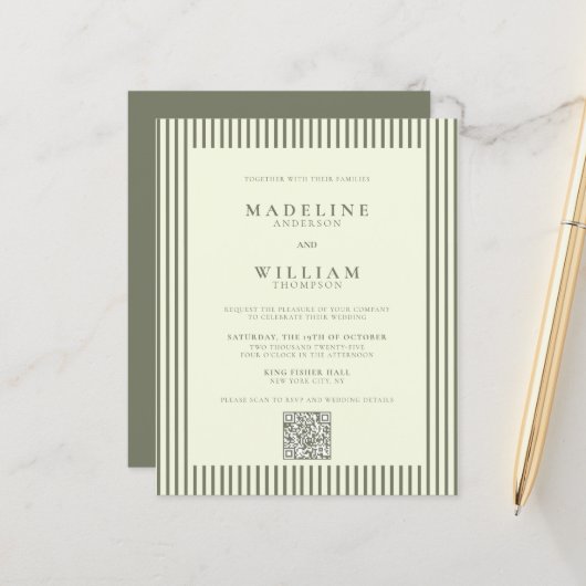 BUDGET Elegante gestripte salie groen QR Code brui (Voorkant / Achterkant in situ)