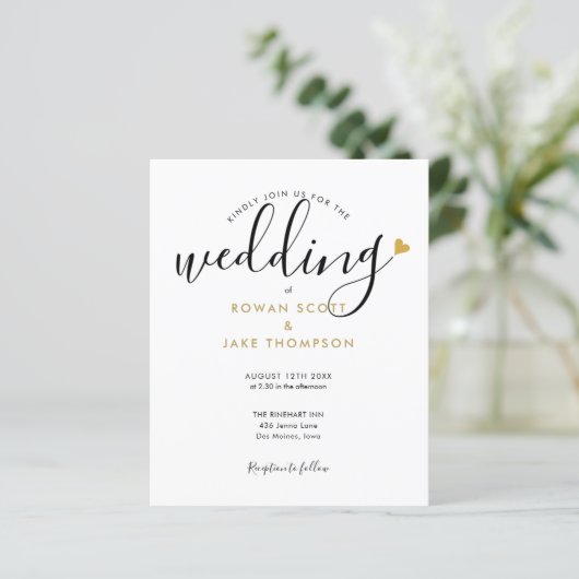 Budget Elegante Gouden Hart Foto Trouw Uitnodiging (Staand voorkant)