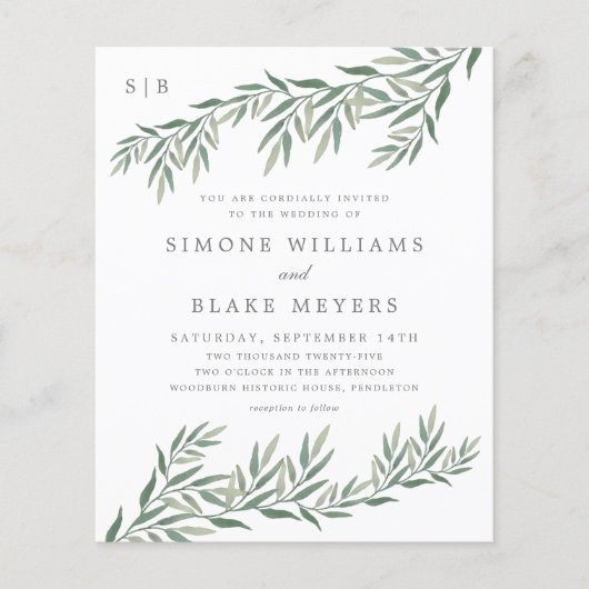 Budget Elegante Groene Blad Bruiloft Uitnodiging (Voorkant)