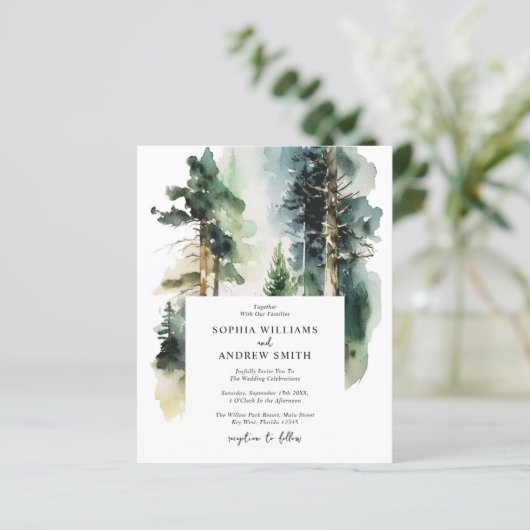 Budget Elegante Groene Bos bruiloft uitnodiging (Staand voorkant)