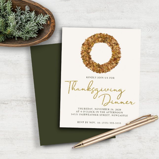 Budget Elegante Herfst Krans Gold Folie Thanksgivi (Budget Elegant Fall Wreath Gold Foil Thanksgiving Dinner Invitation)