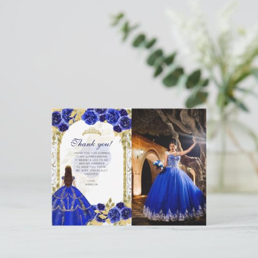 Budget Elegante Koninklijk Blauwe Bloemige Foto Qu Briefkaart (Staand voorkant)