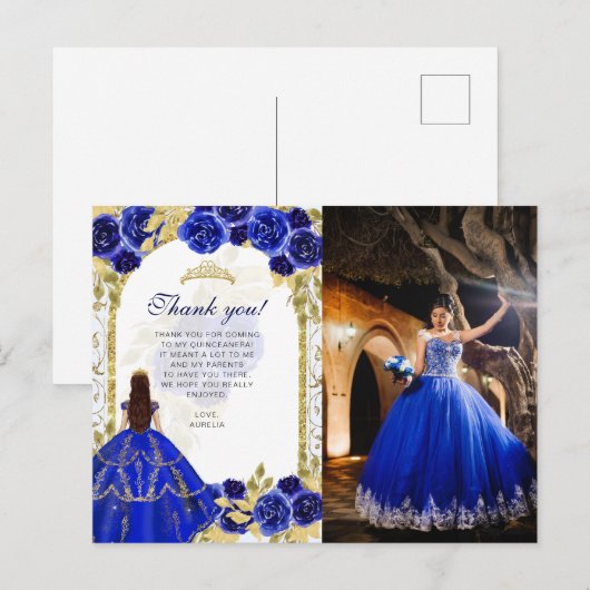 Budget Elegante Koninklijk Blauwe Bloemige Foto Qu Briefkaart (Voorkant / Achterkant)