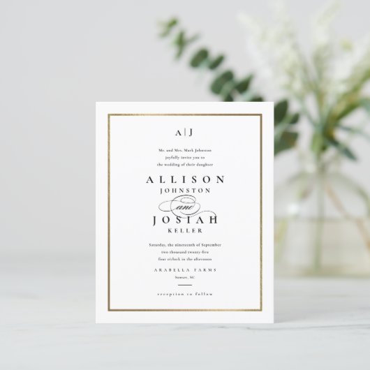 Budget Elegante Monogram Gouden Trouw Uitnodiging (Staand voorkant)