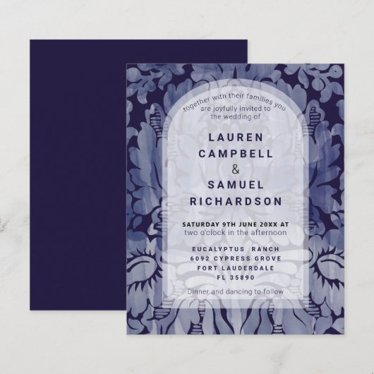 Budget Elegante Navy Blauwe Damast Trouwuitnodigin (Voorkant / Achterkant)