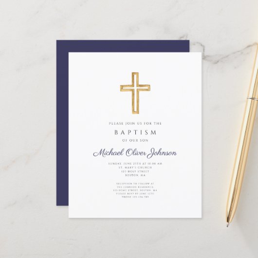 Budget Elegante Navy Blauwe Kruis Jongens Doop (Voorkant / Achterkant in situ)