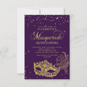 BUDGET Elegante Paarse gouden Masquerade Quinceañe Notitiekaartje