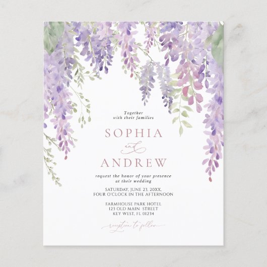 Budget Elegante Paarse Wisteria bruiloft uitnodigi (Voorkant)