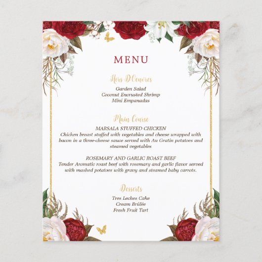 Budget Elegante Rode Bloemen Quinceañera Menu (Voorkant)